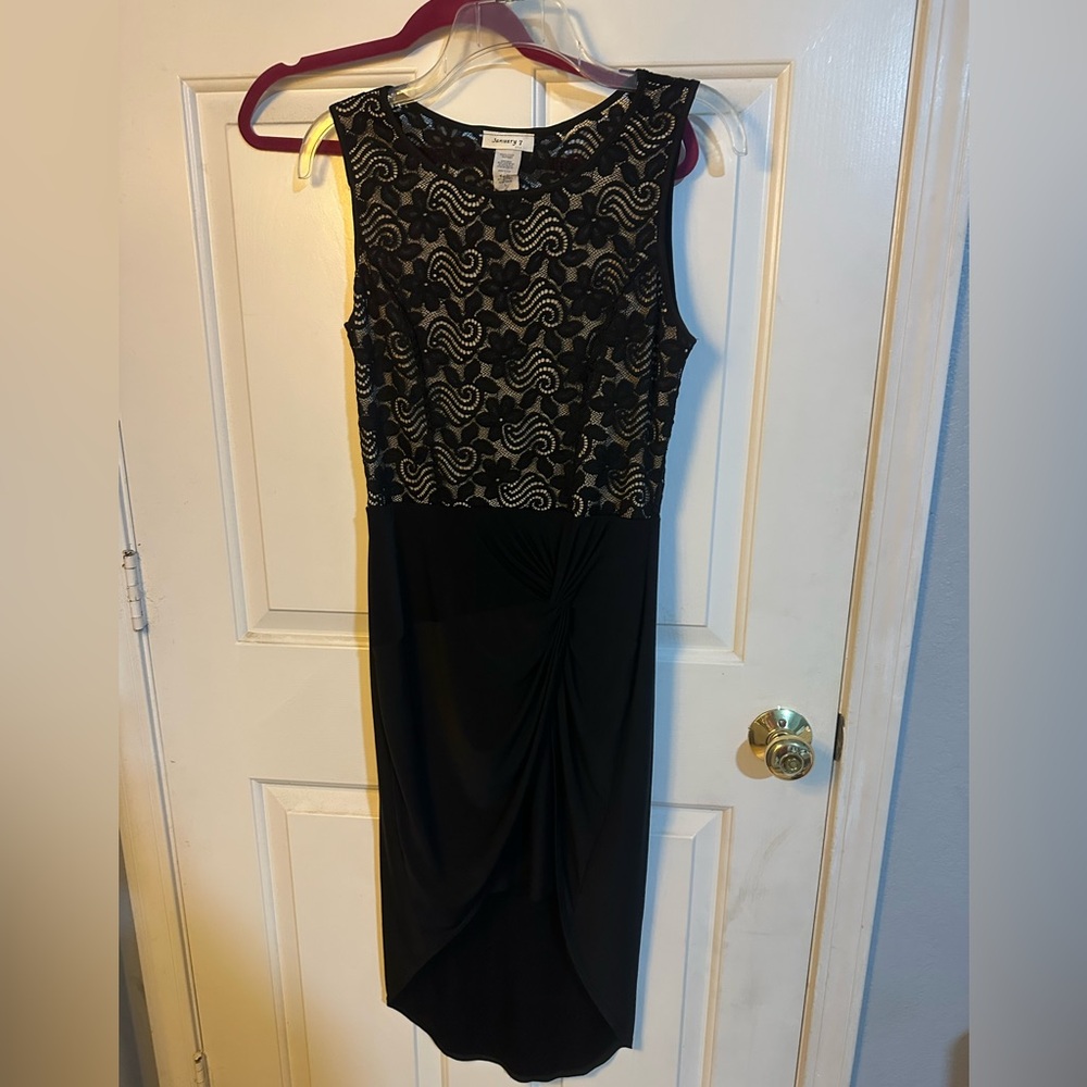 January 7 Black and Gold Lace-Top Midi Dress